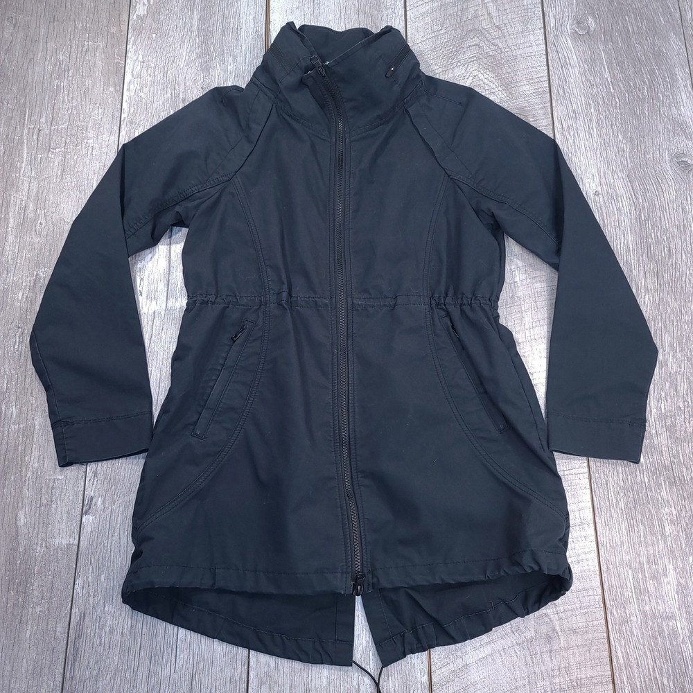 Prana Jacket Women XS Black Full Zip Drawstring Waist Fishtail Hem Cotton